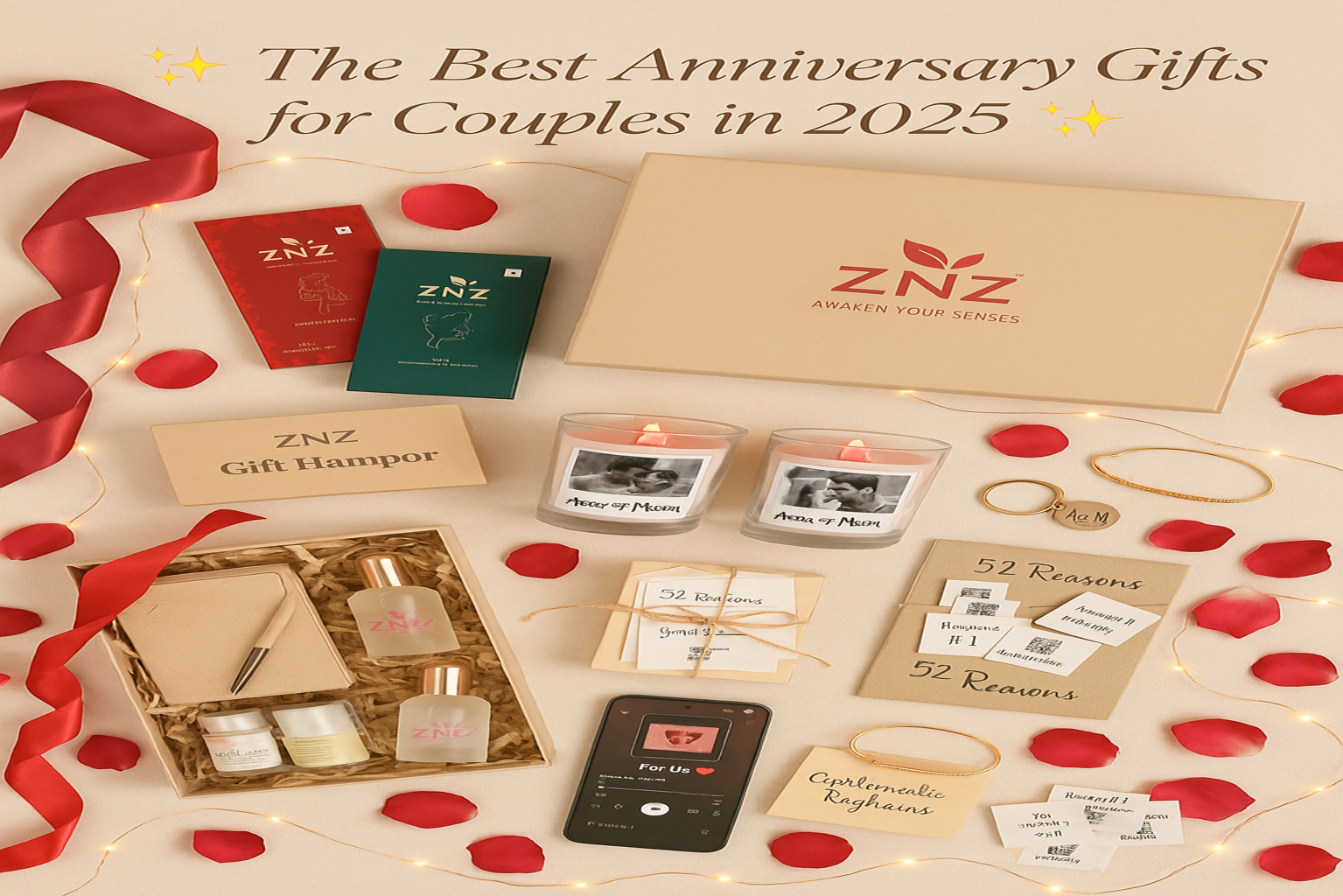 Romantic ZNZ anniversary gift hamper with chocolates, candles, perfumes, and couple keepsakes perfect luxury gifts for couples in 2025.