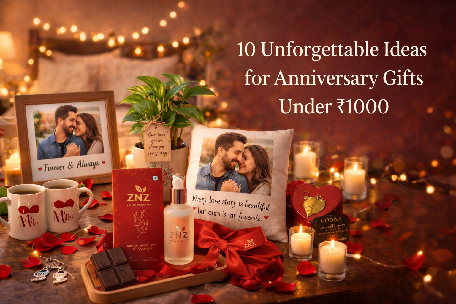 Romantic anniversary gifts under ₹1000 including photo frame, couple mugs, plant, cushion and ZNZ mood chocolate for couples.