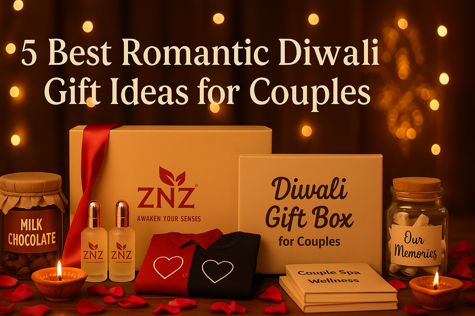 Romantic Diwali gift hamper for couples featuring ZNZ premium gift box, matching couple outfits, spa wellness kit, scented candles, and chocolates arranged with diyas and rose petals in a festive golden glow.