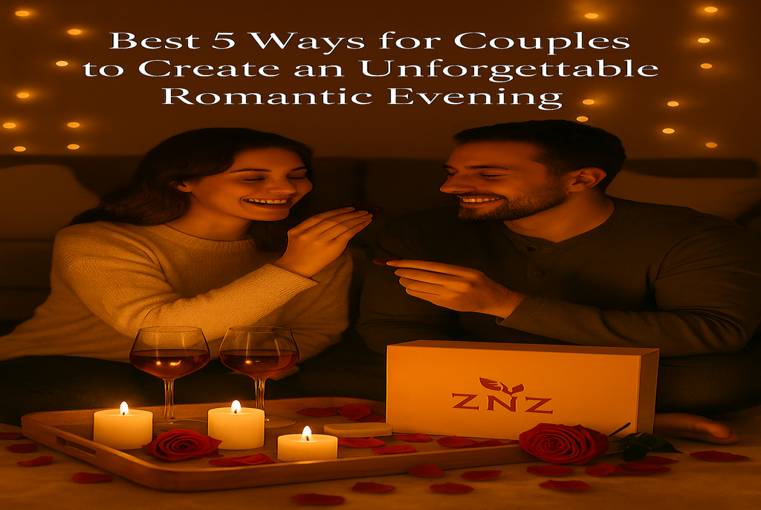 A romantic couple enjoys chocolate amid candles, fairy lights, and a ZNZ gift hamper, creating a warm, dreamy, and intimate evening.