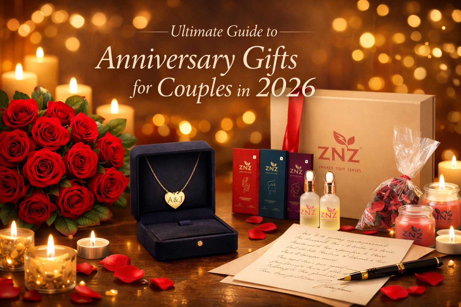 Luxury anniversary gift ideas for couples 2026 featuring roses, personalized jewellery, ZNZ hamper, candles, and romantic setup