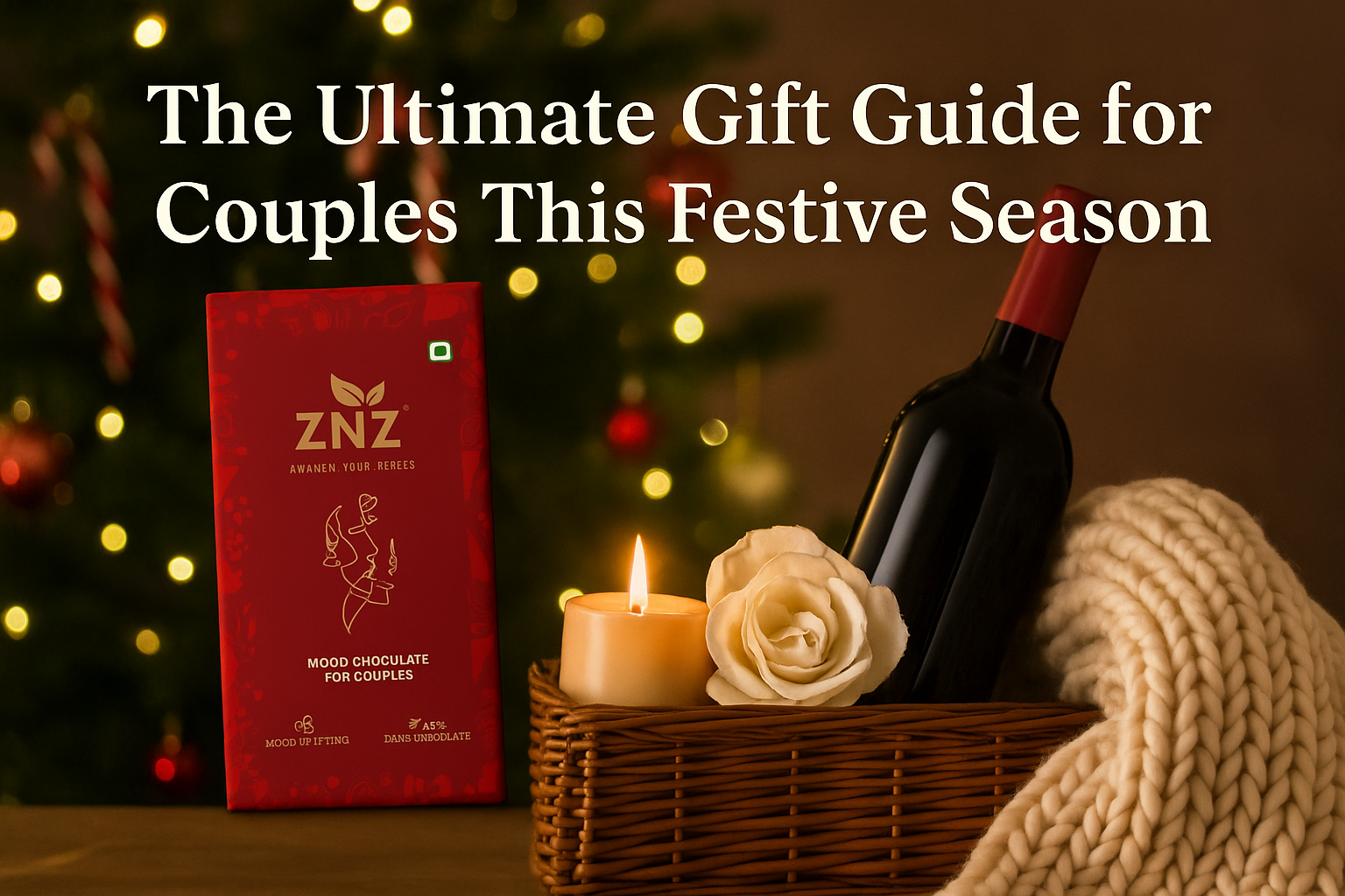 A cozy festive-themed image featuring ZNZ Mood Chocolate for Couples alongside a luxury gift hamper with wine, a candle, and a warm blanket, under the title ‘The Ultimate Gift Guide for Couples This Festive Season.