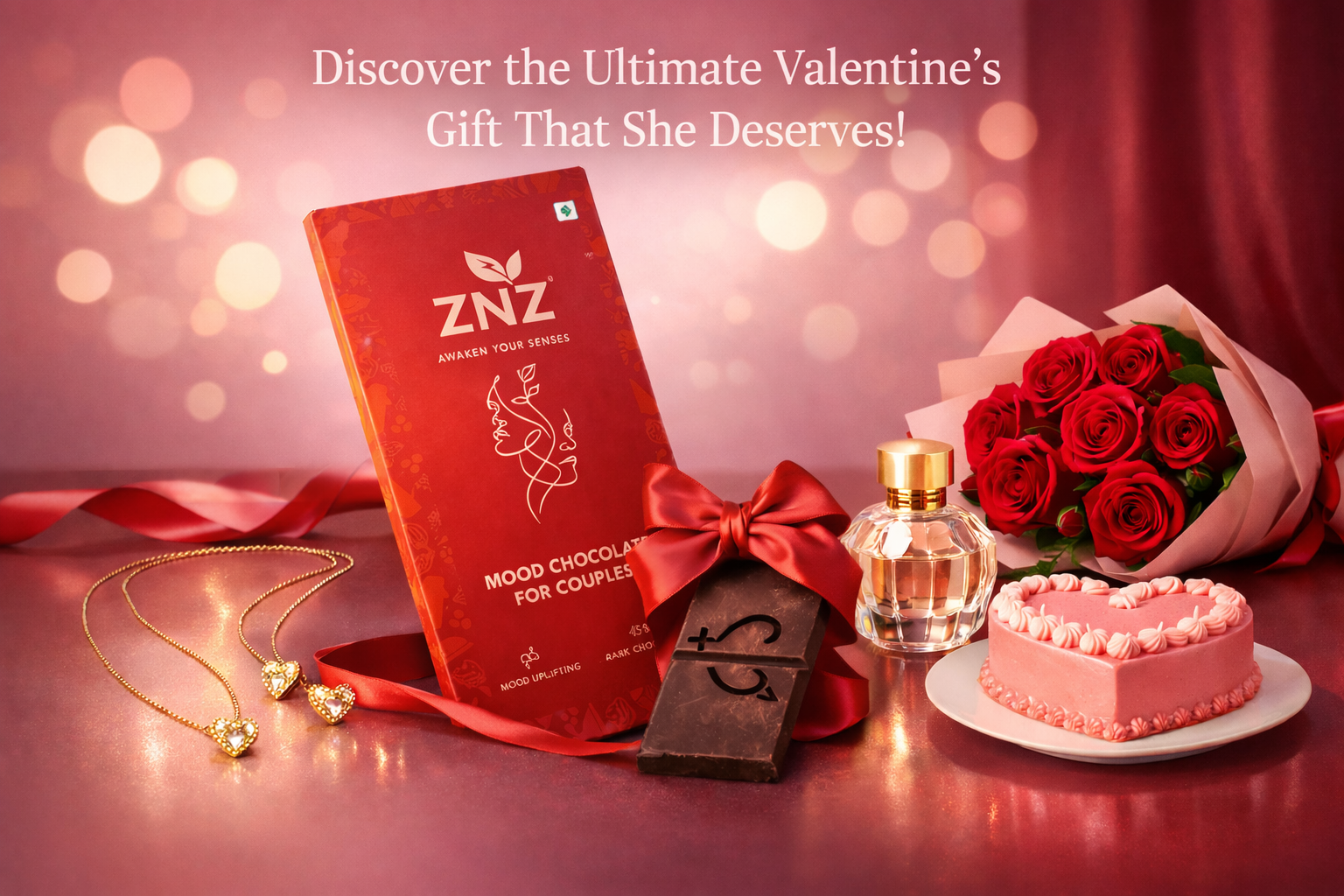 Premium Valentine’s Day banner featuring ZNZ mood chocolate for couples, luxury jewelry, perfume, heart-shaped cake and red roses – the ultimate romantic gift for her