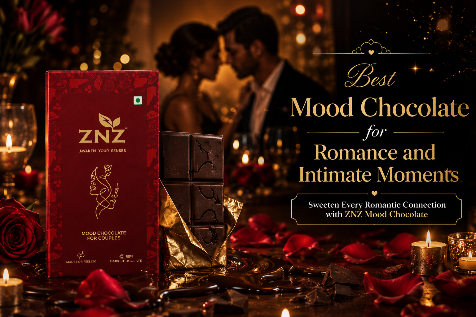Premium romantic advertising banner for ZNZ Mood Chocolate featuring luxury dark chocolate, rose petals, candles, melted chocolate textures, and a romantic couple silhouette in a cinematic luxury date-night atmosphere.