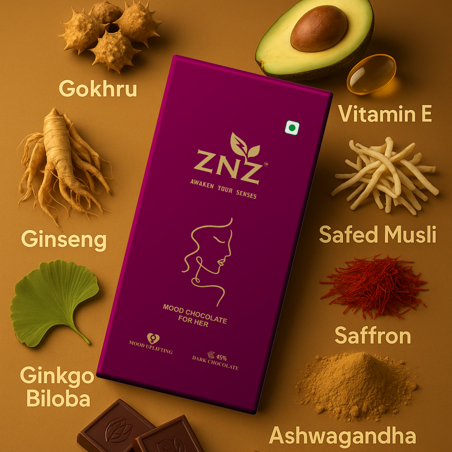 ingredients used in znz mood uplifting chocolate for women