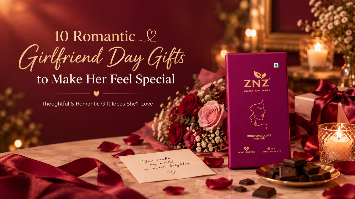 10 romantic Girlfriend Day gift ideas featuring ZNZ Mood Chocolate for Her, roses, chocolates, a gift box, and a romantic setup.