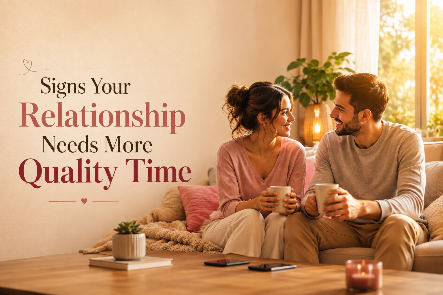 Happy couple spending quality time together on a cozy sofa, talking without phones in a warm living room, symbolizing emotional connection and a healthy relationship.