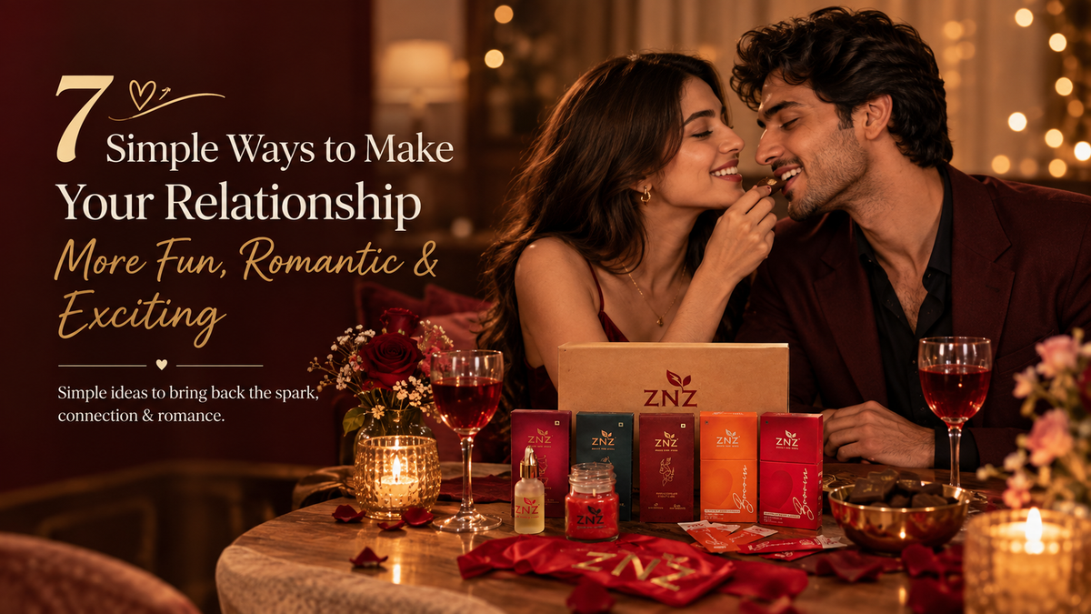 Romantic couple sharing dark chocolate on a date night with ZNZ Mood Chocolate