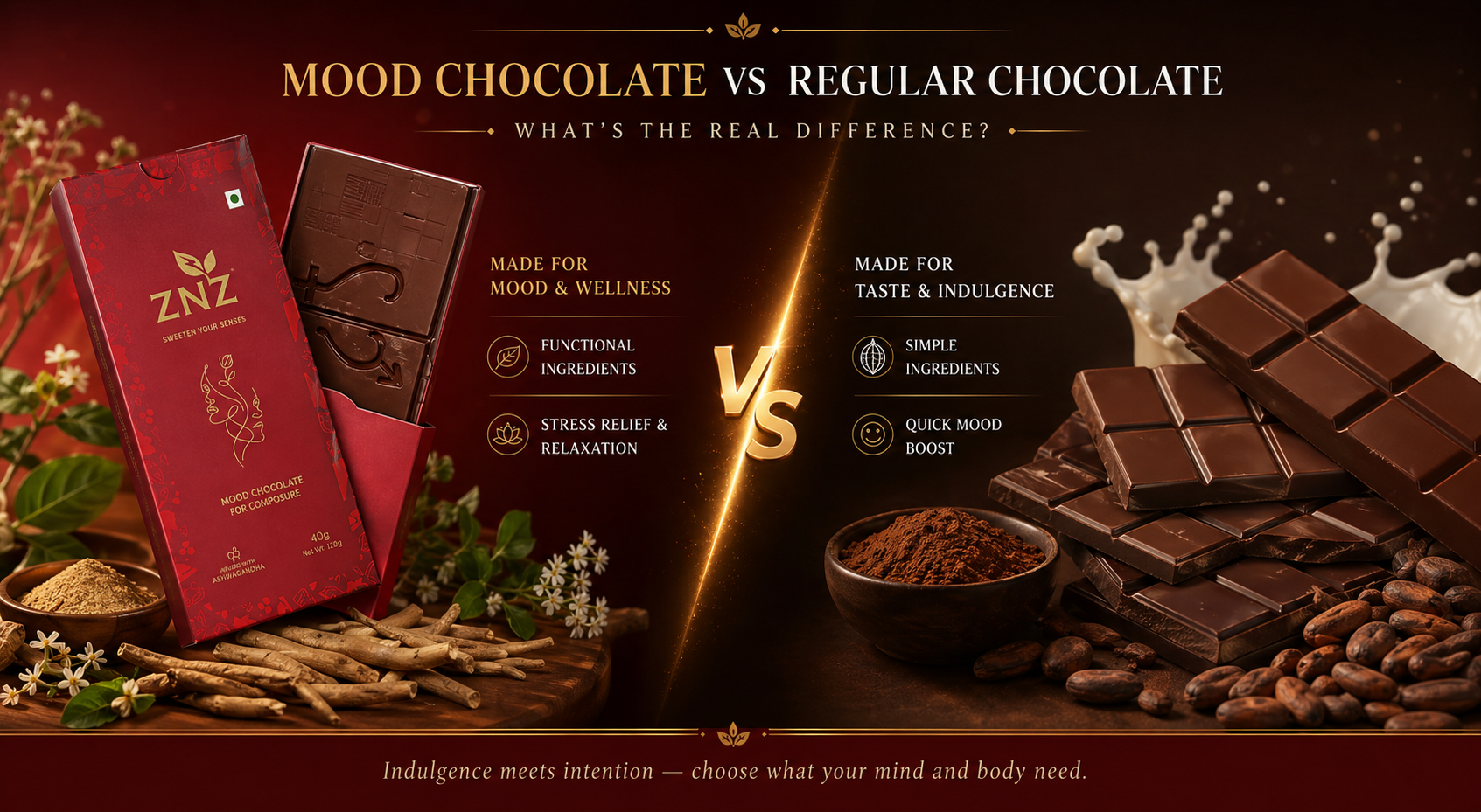 Compare mood chocolate vs regular chocolate in terms of ingredients, health benefits, and effects on mood. Find out which chocolate supports wellness and indulgence.