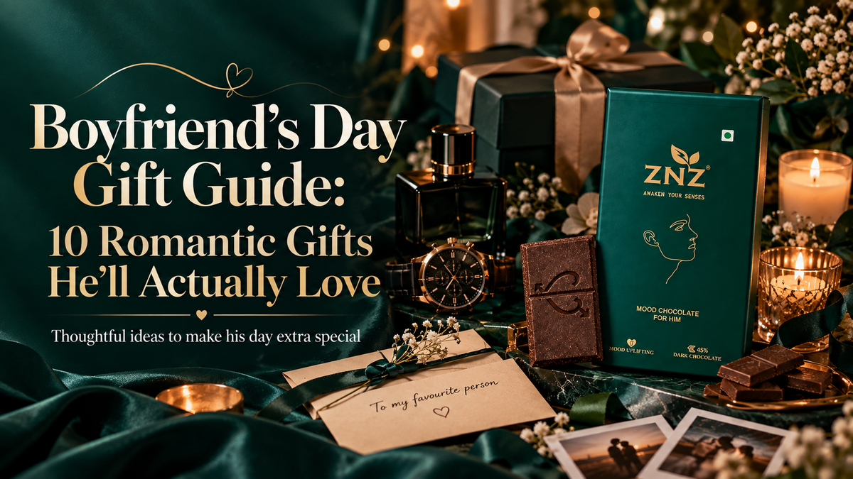 Boyfriend’s Day gift guide featuring ZNZ Mood Chocolate for Him with romantic gifts, watch, perfume, gift box, roses, candles, and a handwritten love note in a luxurious teal and gold setting.