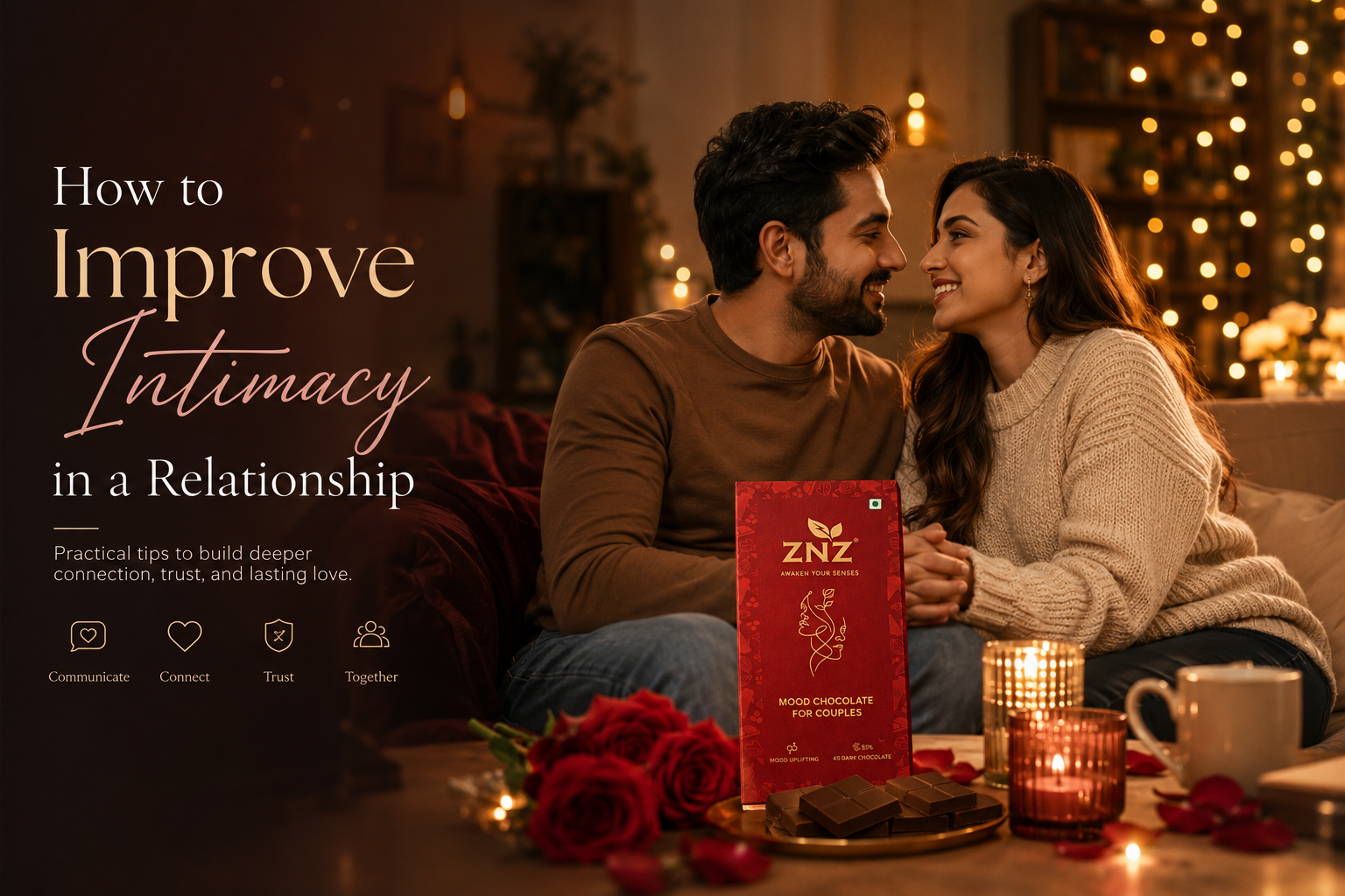 Happy couple holding hands and smiling on a cozy sofa with ZNZ Mood Chocolate in the foreground, representing emotional intimacy, trust, communication, and romantic connection in a relationship.
