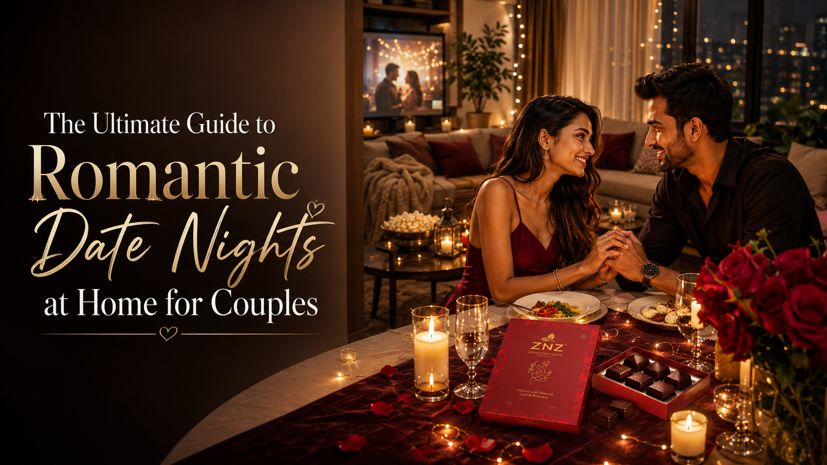 Happy couple enjoying a romantic candlelit date night at home with ZNZ Mood Chocolate, elegant dinner setup, roses, fairy lights, and cozy luxury living room.