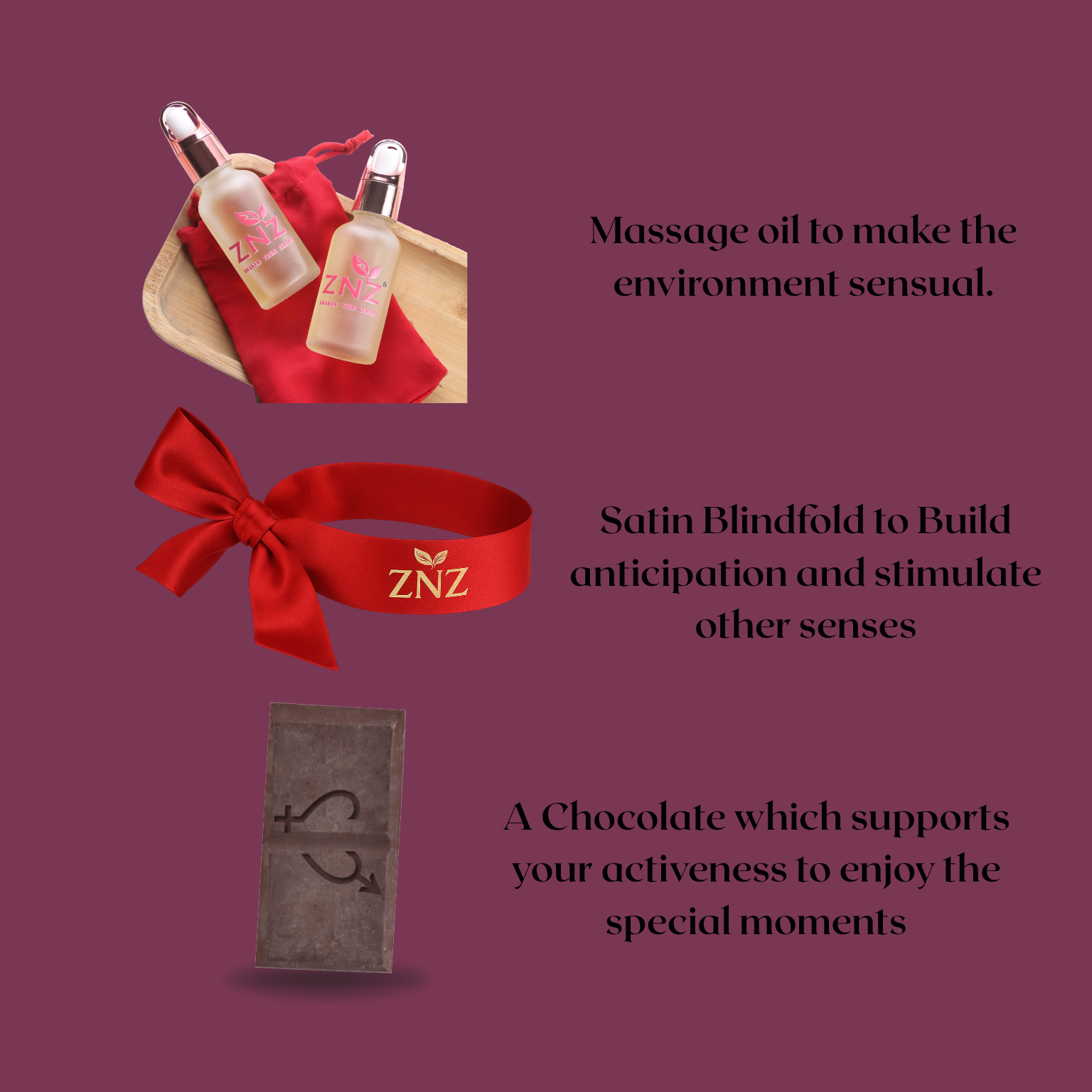 Product set with massage oil, satin blindfold, and chocolate on a purple background