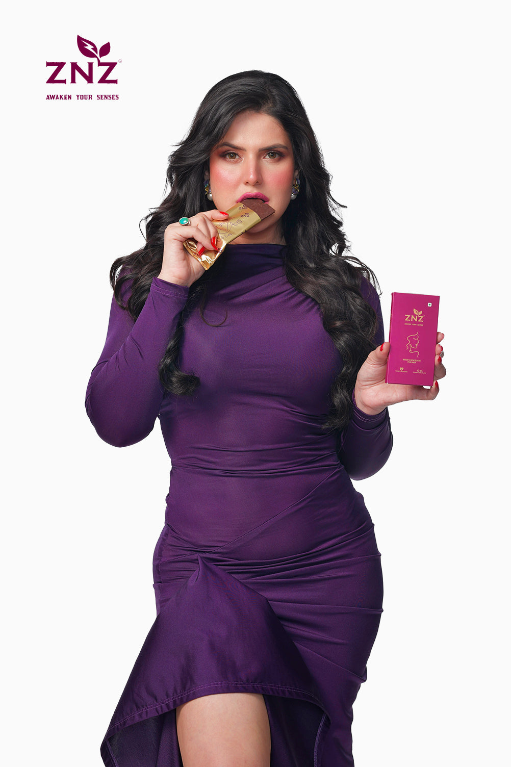 zareen khan holding the znz chocolate  for women