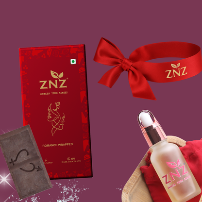 ZNZ product packaging including a red box, chocolate bar, and perfume on a purple background